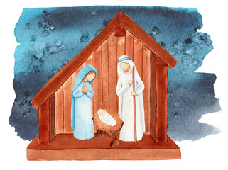 Christmas Nativity scene with Mary, Joseph and Baby Jesus. Hand drawn watercolor illustration for Christmas greeting card, Christian publications and prints. Holy Family - 451270919