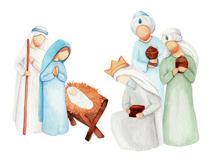 Baby Jesus Manger and Three Wise Men. Holy Family. Nativity Christmas watercolor illustration. Bible card. - 451270964
