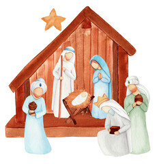 Nativity Christmas Bible scene with Baby Jesus in manger, Virgin Mary, Joseph and Three Wise Men. Holy Family. Watercolor illustration. Christian religious card. - 451270965