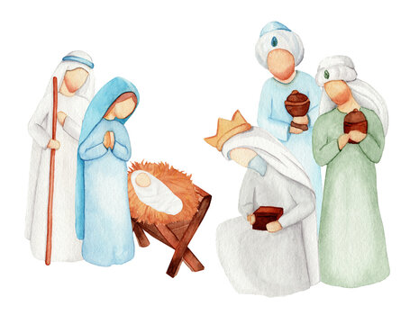Baby Jesus Manger and Three Wise Men. Holy Family. Nativity Christmas watercolor illustration. Bible card.