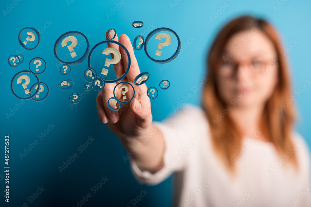 Poster Businessman solving problem with digital question marks 3D rendering