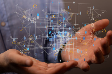 Digital cyberspace with particles and Digital data network connections concept.