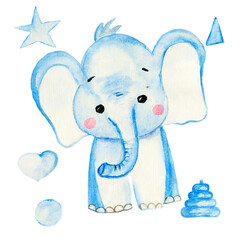 Cute watercolor animals in flowers on trees. Cute cartoon animals. Watercolor concept on an isolated background, for children's parties.Perfect for fabric design .