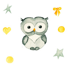 Cute watercolor animals in flowers on trees. Cute cartoon animals. Watercolor concept on an isolated background, for children's parties.Perfect for fabric design .