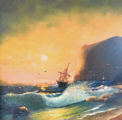 Original oil painting The sunset on the sea with a ship