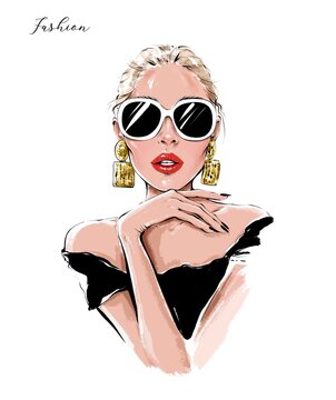 Fashion blond hair girl in sunglasses. Beautiful woman face. Fashion Illustration.