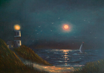 Original oil painting The night on the sea lighthouse