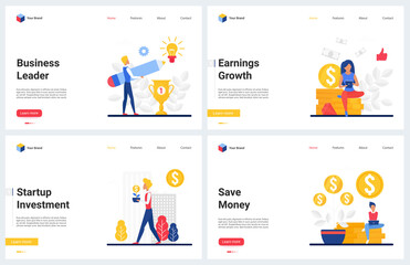Business leadership, finance startup investment vector illustration. Cartoon modern business concept landing page set with leader businessman success strategy to save money, financial management