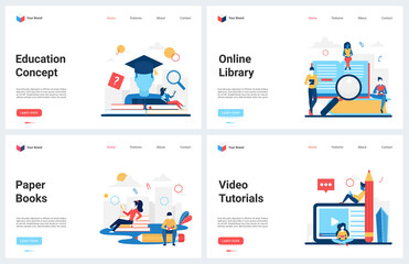 Education digital technology, library, online course vector illustration. Cartoon modern educational concept landing page set, students read paper book, study with textbook, training on video tutorial