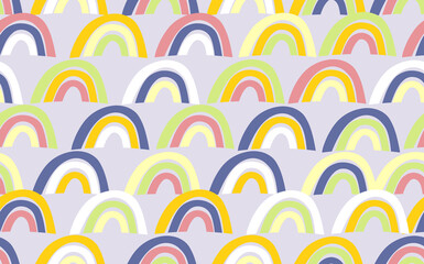 Trendy seamless pattern with colorful rainbow on color background. Design for invitation, poster, card, fabric, textile, fabric. Cute holiday illustration for baby. Doodle style