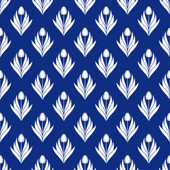 Seamless pattern with a pattern of the silhouette of tulips and leaves. Design in blue for printing, packaging, fabric. Damascus styling. Vector illustration