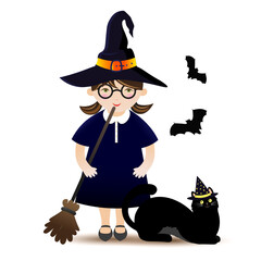 Halloween illustration of witch and black cat 