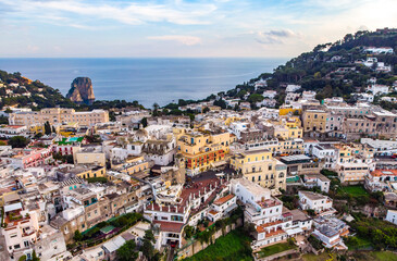 Aerial drone view of Capri island. Sunny summer day. Italy