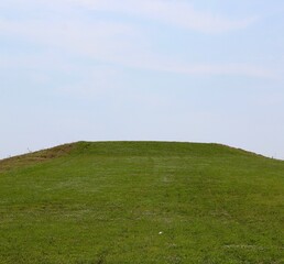 The green grass hill and the blue sky background.
