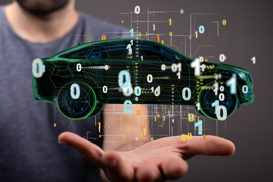 Autonomous car with HUD graphic of Navigation system driving
