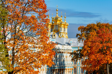 Resurrection church dome of Catherine palce in autumn foliage, Tsarskoe Selo (Pushkin), Saint...