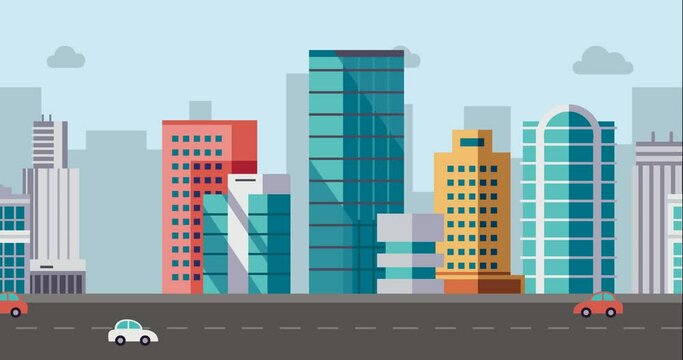 buildings in a cool and modern smart city atmosphere with vehicles in the form of cars milling on the highway in a 4k animation video