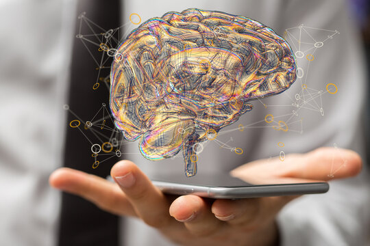 3D render of a holographic digital style human brain conveying the idea