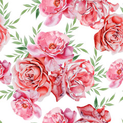 Bright seamless pattern with flowers. Rose. Watercolor. Hand drawn. - 451278925