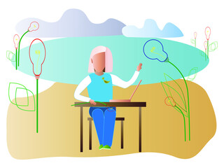 Vector creative image of a girl with ideas light bulbs. Creative content, blog or opinion posting. Author, creator of the idea.