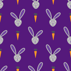 Rabbit seamless pattern. Vector repeating bunnt background. Cartoon pattern of hare and carrots.