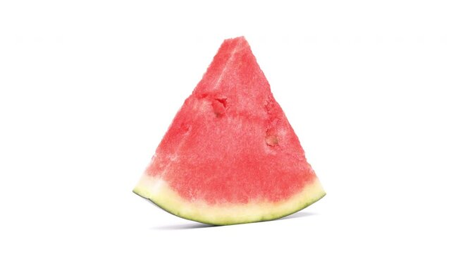One watermelon slice is rotating on white background. Isolated.