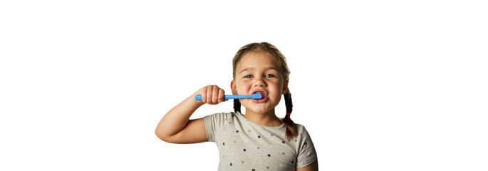 isolated. girl brushes her teeth with a toothbrush on a white background.