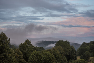 Thüringer  Mittelgebirge mit Sonne, Bäumen und Nebel am Morgen