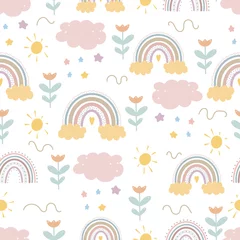 Behang Leuke regenboog naadloze patronen. Creatieve kinderachtige print voor stof, verpakking, textiel, behang, kleding. © Anna Kubasheva