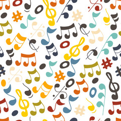 Cartoon music seamless pattern for kids. Textile childish design. Colorful  musical notes.