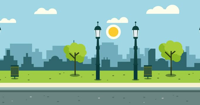 sidewalk garden with street lights and park benches against silhouetted urban background in an animated 4k video video 
