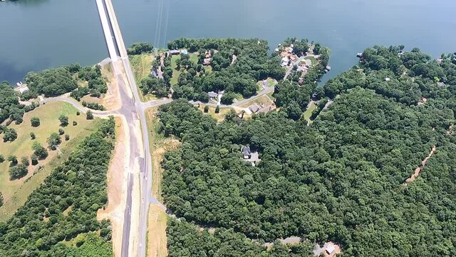 Aerial shot of highway construction on Pee Dee River, Albemarle, North Carolina, USA