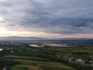 Aerial view of the mountain valley  Sunset.