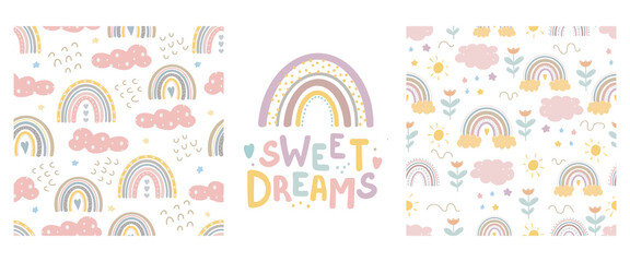 Rainbow cute patterns and lettering - sweet dreams . Creative childish print for fabric, wrapping, textile, wallpaper, apparel.Vector cartoon illustration in pastel colors