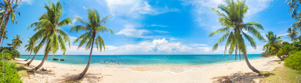 Sticker panorama of tropical beach with coconut palm trees