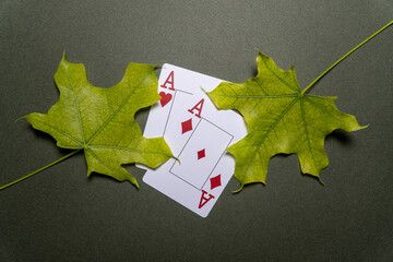 Autumn Poker cards AA Heart Diamond set with green leaves