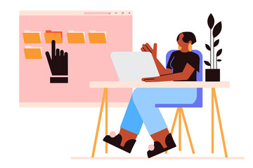 Woman working on a computer, laptop. Teaching from home. Remote working, Course, lecture, student, teacher, female professional. Flat vector illustration isolated on white background