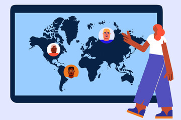 Redhead woman connecting with people from around the world. Map, avatar, faces, collaborators. Colored flat vector illustration