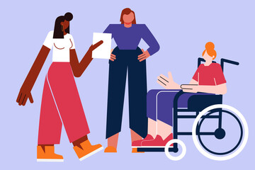 Three women, professionals, coworkers. Colorful illustration of three colleagues, women working together, chatting. Flat vector illustration. Character design