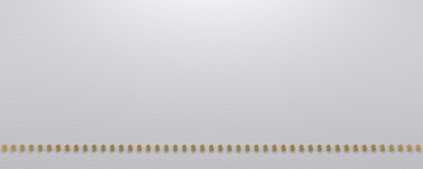 Pure white background with a stripe of gold money symbols at the bottom. 3d render