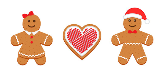 Gingerbread man, woman and heart. Classic Christmas cookies. Xmas biscuit isolated on white background. Noel holiday sweet dessert. Cute ginger bread characters in flat design. Vector illustration.