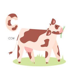 Animals alphabet. C for cow. Flat vector illustration on white background. Funny cartoon animal. Kids abc education. Learning English vocabulary. Zoo alphabet flash card