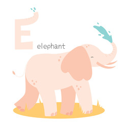 Obraz premium Animals alphabet. E for elephant. Flat vector illustration on white background. Funny cartoon animal. Kids abc education. Learning English vocabulary. Zoo alphabet flash card