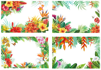 Set with Frames and with tropical plants and flowers - obrazy, fototapety, plakaty
