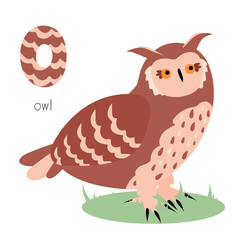 Animals alphabet. O for owl. Flat vector illustration on white background. Funny cartoon animal. Kids abc education. Learning English vocabulary. Zoo alphabet flash card