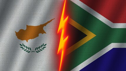 South Africa and Cyprus Flags Together, Wavy Fabric Texture Effect, Neon Glow Effect, Shining Thunder Icon, Crisis Concept, 3D Illustration