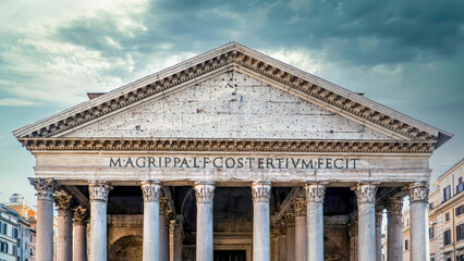 Rome, Italy - March 2017: Pantheon roman temple facade in Piazza della Rotonda, Rome, Italy.