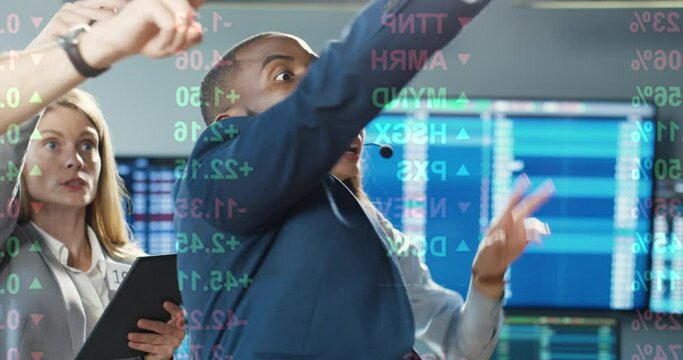 Cropped view of the mixed-races traders in formal clothes selling and buying at stock market on trading floor at exchange. Change office. Multiethnic men and women screaming when putting rates
