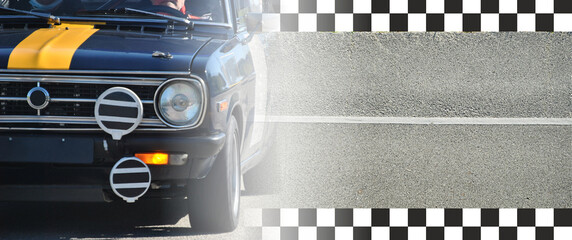 Carro preto com faixa amarela alterado para rali ou corridas - textura de estrada e faixas em xadrez