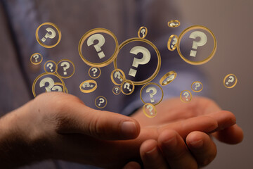 Businessman solving problem with digital question marks 3D rendering